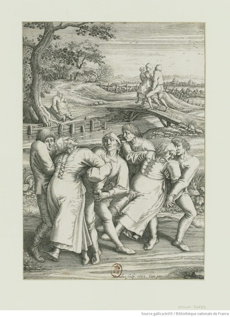Épileptiques marchant vers la gauche, in Le pélerinage des épileptiques à Molenbeek-Saint-Jean, 1642, estampe par Hendrik Hondius, d'après Pieter Bruegel l'Ancien.
